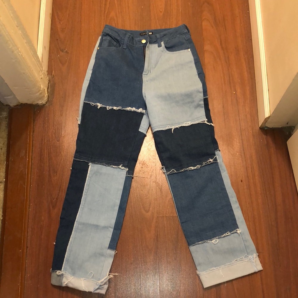 Patchwork straight leg jeans